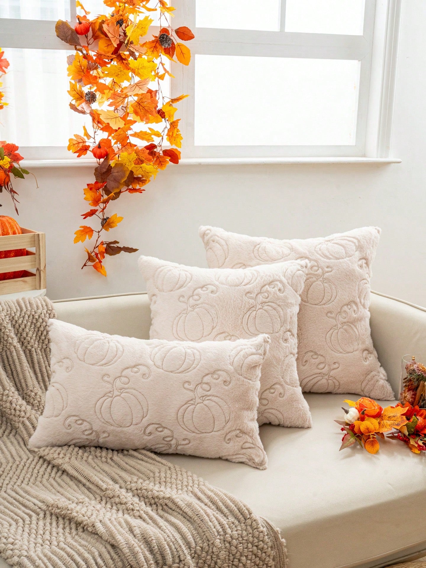 1pc Beige Faux Rabbit Hair Pumpkin Pillow Cover, 3D Embroidered Thanksgiving & Harvest Festival Theme, All-Season Decorative Cushion Cover For Living Room & Bedroom, No Insert