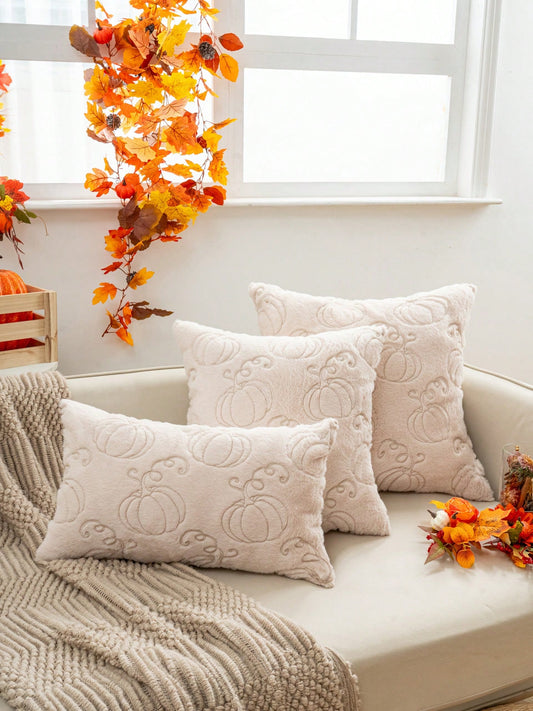 1pc Beige Faux Rabbit Hair Pumpkin Pillow Cover, 3D Embroidered Thanksgiving & Harvest Festival Theme, All-Season Decorative Cushion Cover For Living Room & Bedroom, No Insert