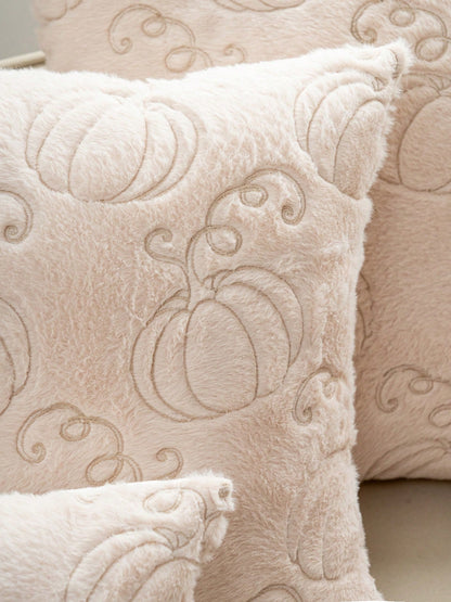 1pc Beige Faux Rabbit Hair Pumpkin Pillow Cover, 3D Embroidered Thanksgiving & Harvest Festival Theme, All-Season Decorative Cushion Cover For Living Room & Bedroom, No Insert