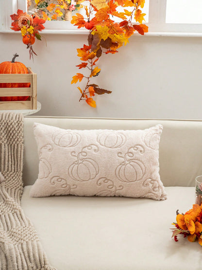 1pc Beige Faux Rabbit Hair Pumpkin Pillow Cover, 3D Embroidered Thanksgiving & Harvest Festival Theme, All-Season Decorative Cushion Cover For Living Room & Bedroom, No Insert