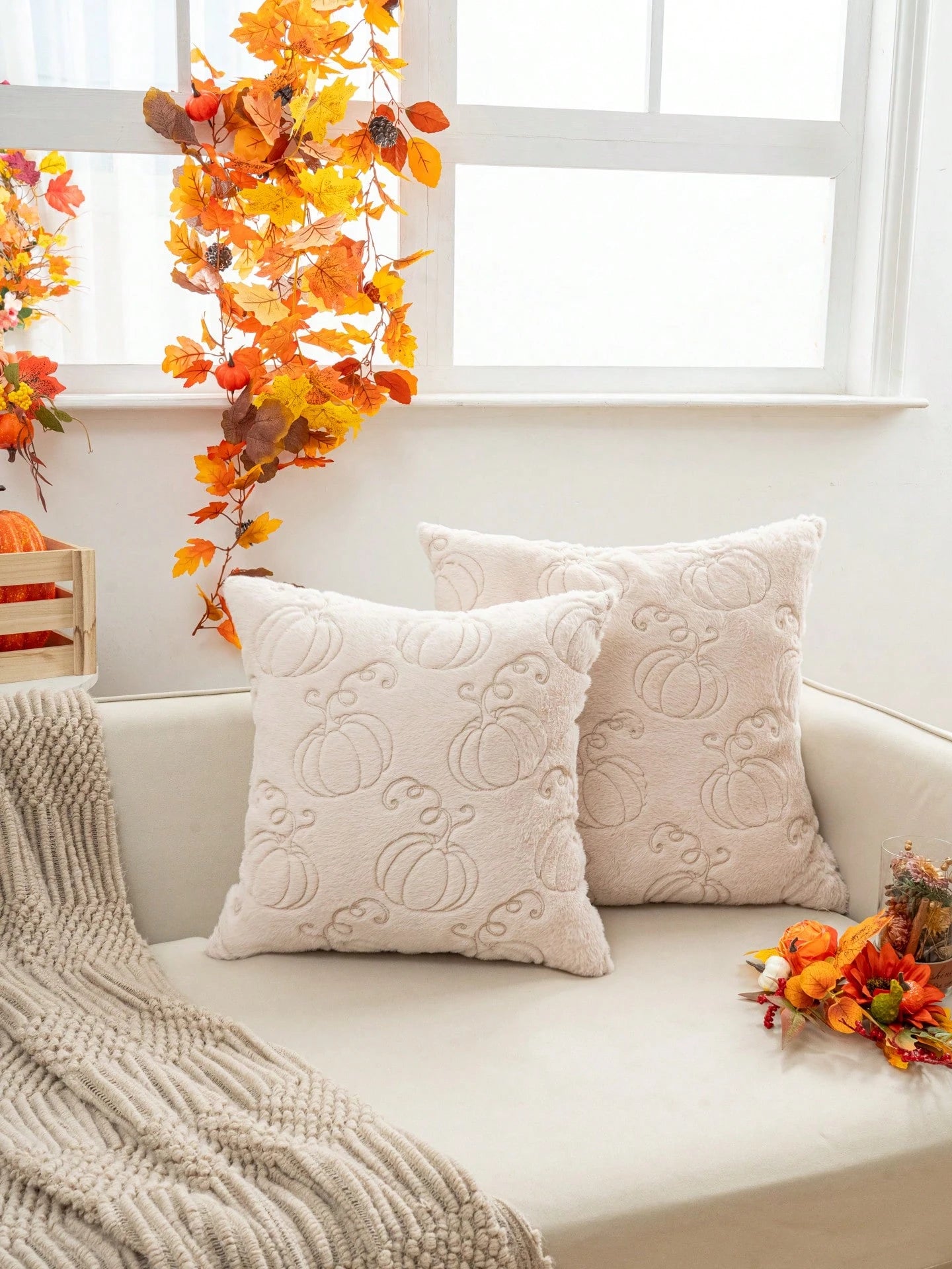 1pc Beige Faux Rabbit Hair Pumpkin Pillow Cover, 3D Embroidered Thanksgiving & Harvest Festival Theme, All-Season Decorative Cushion Cover For Living Room & Bedroom, No Insert