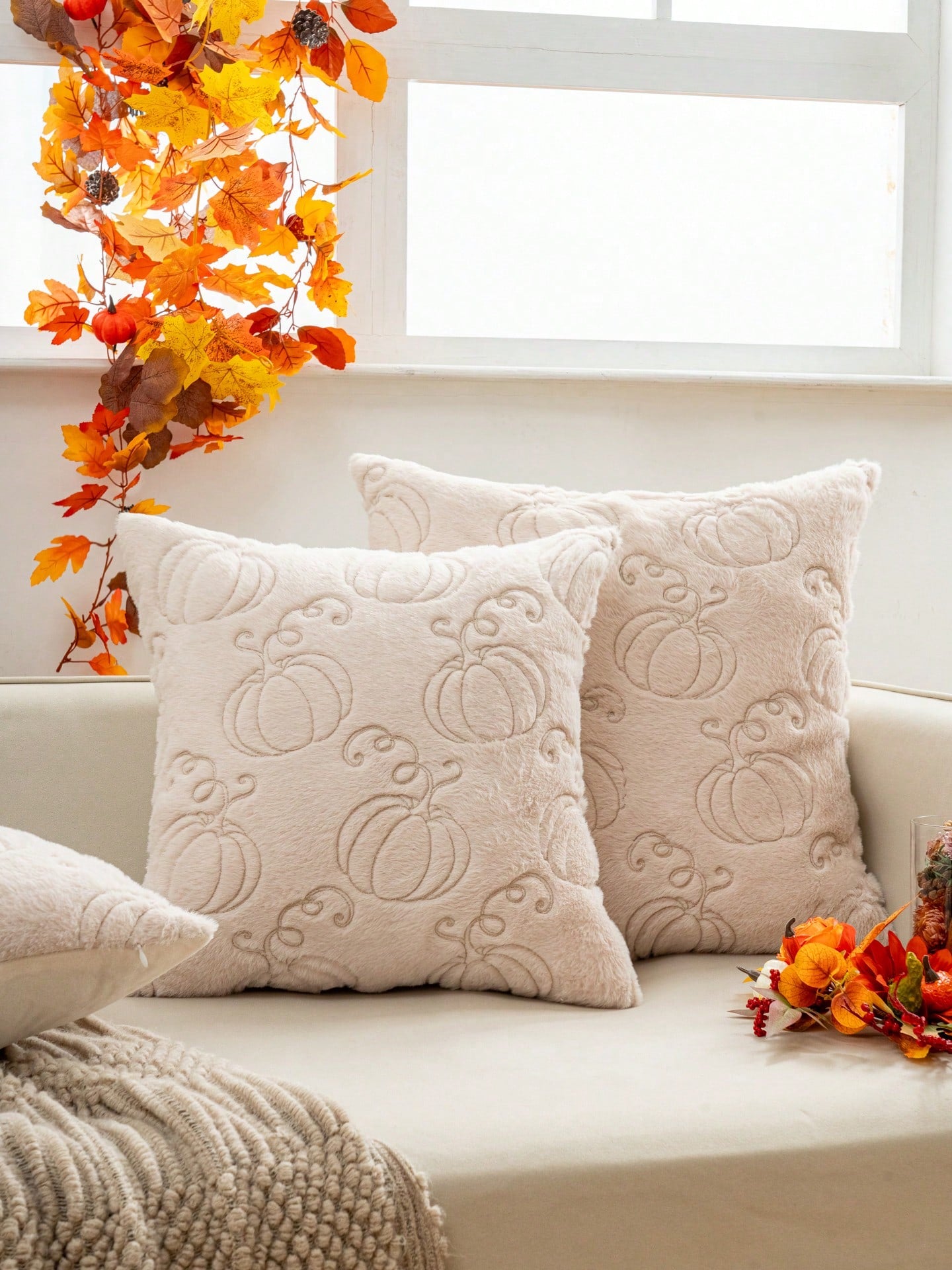 1pc Beige Faux Rabbit Hair Pumpkin Pillow Cover, 3D Embroidered Thanksgiving & Harvest Festival Theme, All-Season Decorative Cushion Cover For Living Room & Bedroom, No Insert