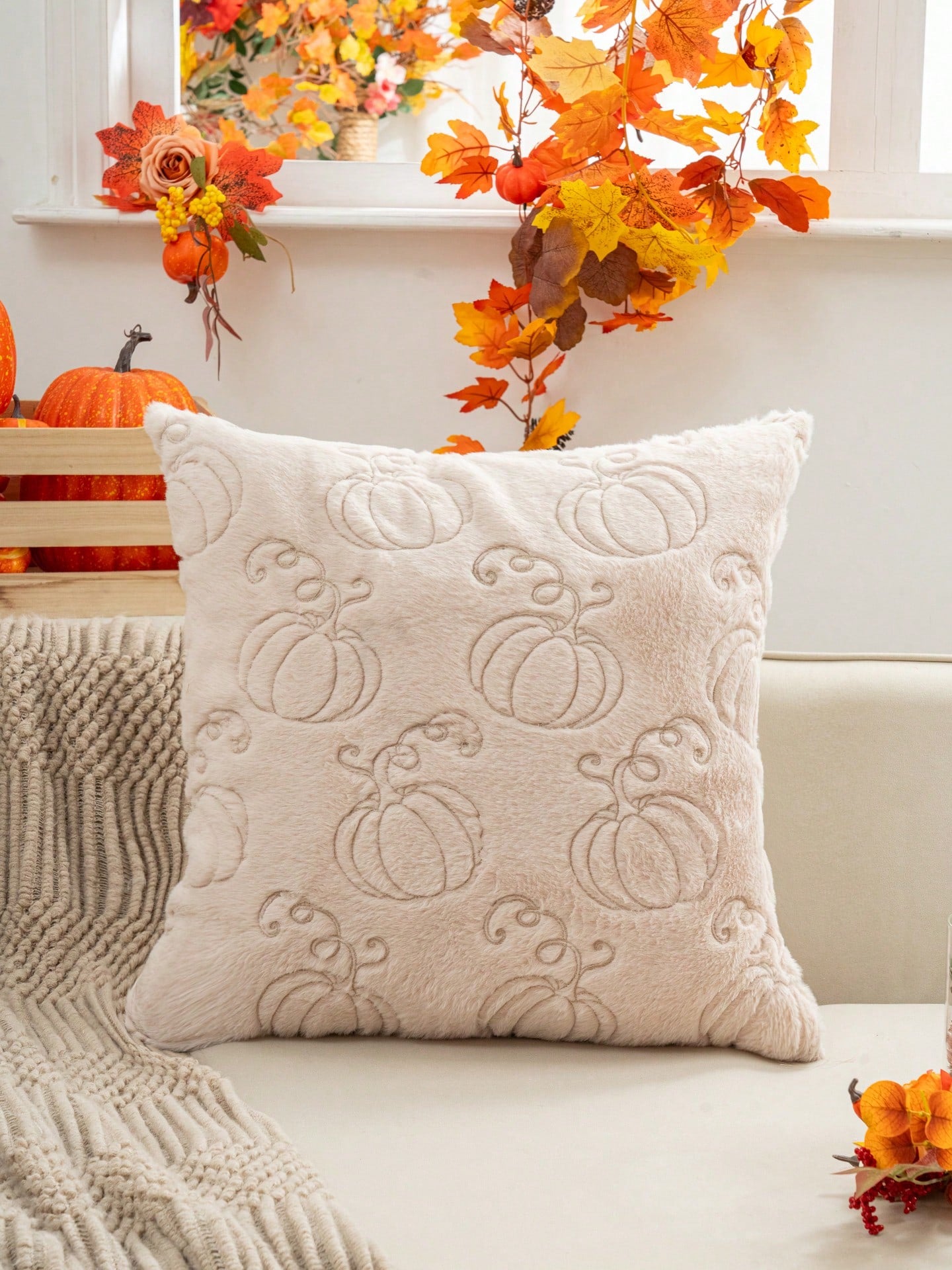 1pc Beige Faux Rabbit Hair Pumpkin Pillow Cover, 3D Embroidered Thanksgiving & Harvest Festival Theme, All-Season Decorative Cushion Cover For Living Room & Bedroom, No Insert