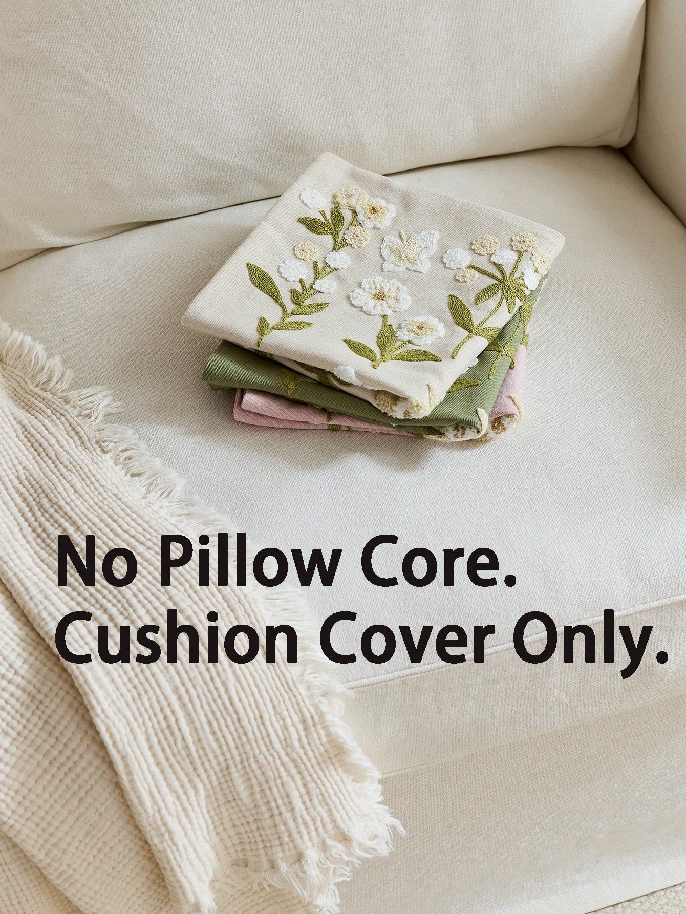 1pc Beige Spring Floral Embroidered Throw Pillow Cover, Spring/Summer Butterfly & Wildflower Cushion Cover, Suitable For Indoor Decor, All Season Pillow Sham, Inner Pillow Not Included