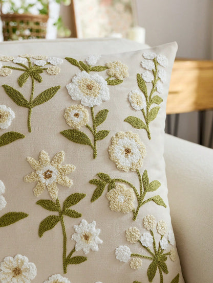 1pc Beige Spring Floral Embroidered Throw Pillow Cover, Spring/Summer Butterfly & Wildflower Cushion Cover, Suitable For Indoor Decor, All Season Pillow Sham, Inner Pillow Not Included