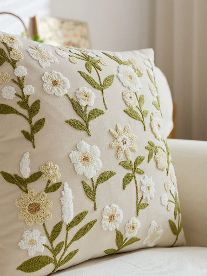 1pc Beige Spring Floral Embroidered Throw Pillow Cover, Spring/Summer Butterfly & Wildflower Cushion Cover, Suitable For Indoor Decor, All Season Pillow Sham, Inner Pillow Not Included