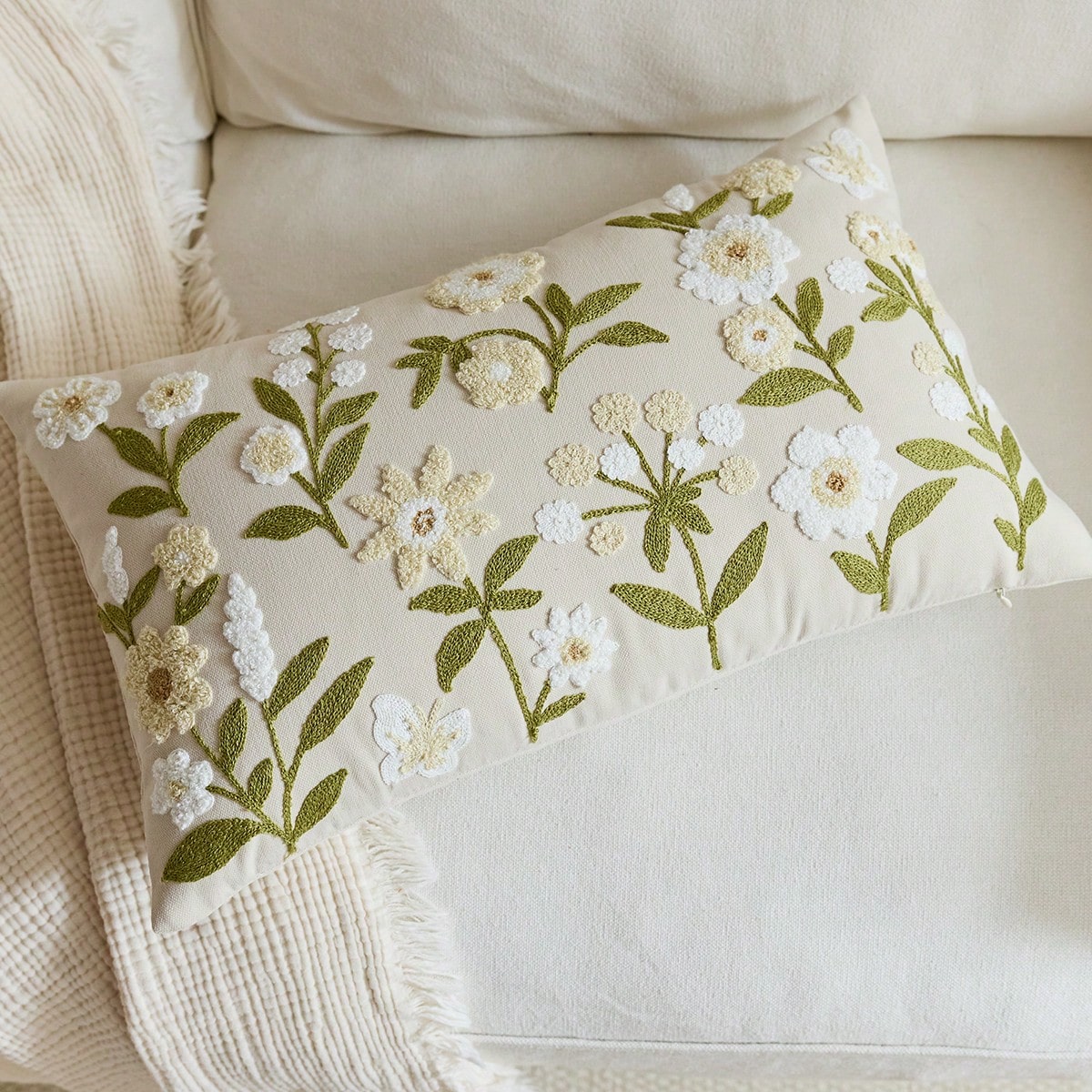 1pc Beige Spring Floral Embroidered Throw Pillow Cover, Spring/Summer Butterfly & Wildflower Cushion Cover, Suitable For Indoor Decor, All Season Pillow Sham, Inner Pillow Not Included