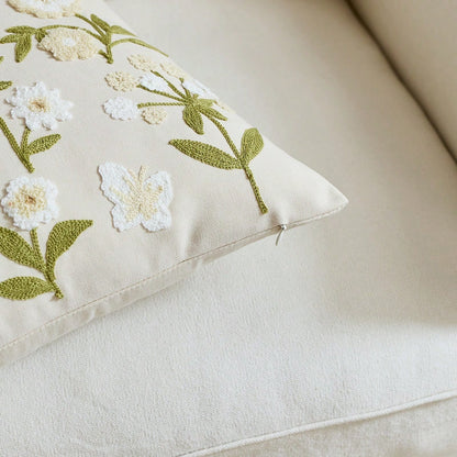 1pc Beige Spring Floral Embroidered Throw Pillow Cover, Spring/Summer Butterfly & Wildflower Cushion Cover, Suitable For Indoor Decor, All Season Pillow Sham, Inner Pillow Not Included