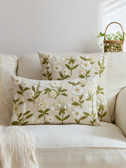 1pc Beige Spring Floral Embroidered Throw Pillow Cover, Spring/Summer Butterfly & Wildflower Cushion Cover, Suitable For Indoor Decor, All Season Pillow Sham, Inner Pillow Not Included