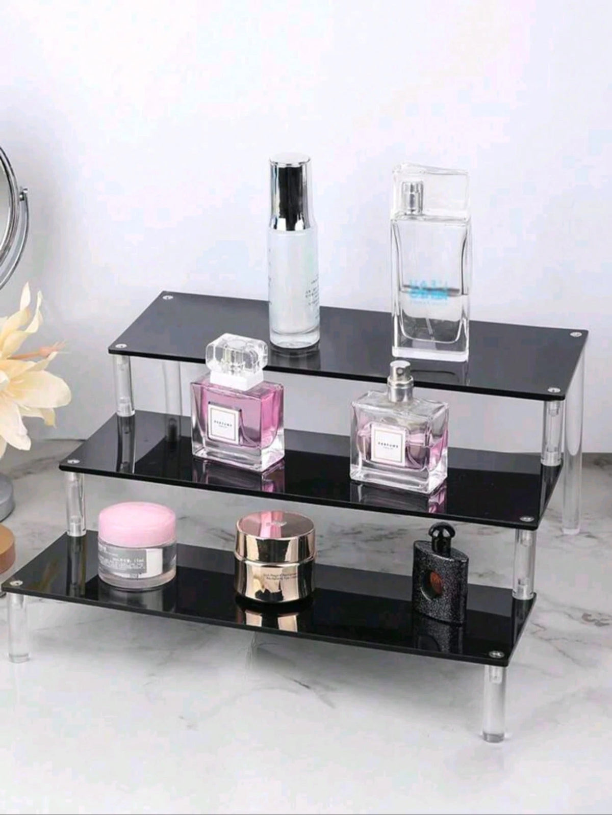1pc Black Acrylic Tiered Makeup Organizer, Multi-Layer Perfume Organizer & Vanity Accessories Storage Rack, Makeup Organizer Shelf For Skincare, Organizers Storage For Desktop, Living Room, Bathroom