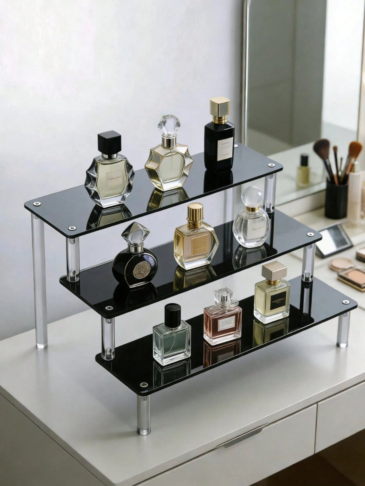 1pc Black Acrylic Tiered Makeup Organizer, Multi-Layer Perfume Organizer & Vanity Accessories Storage Rack, Makeup Organizer Shelf For Skincare, Organizers Storage For Desktop, Living Room, Bathroom