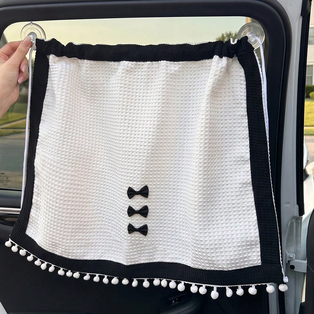 1pc Black And White Bowknot Small Check Waffle Fabric Sunshade Curtain, Car Side Window Sunshade