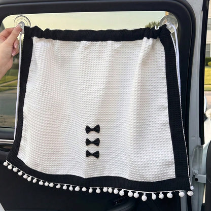 1pc Black And White Bowknot Small Check Waffle Fabric Sunshade Curtain, Car Side Window Sunshade