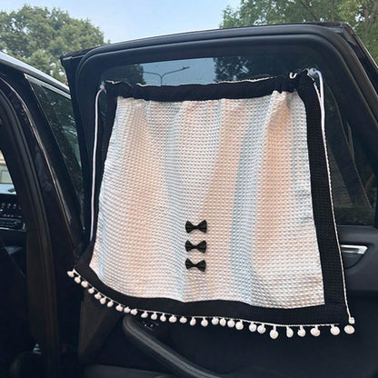 1pc Black And White Bowknot Small Check Waffle Fabric Sunshade Curtain, Car Side Window Sunshade