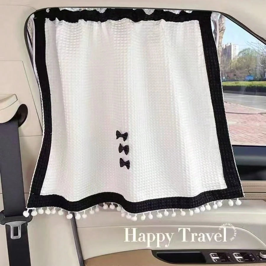 1pc Black And White Bowknot Small Check Waffle Fabric Sunshade Curtain, Car Side Window Sunshade