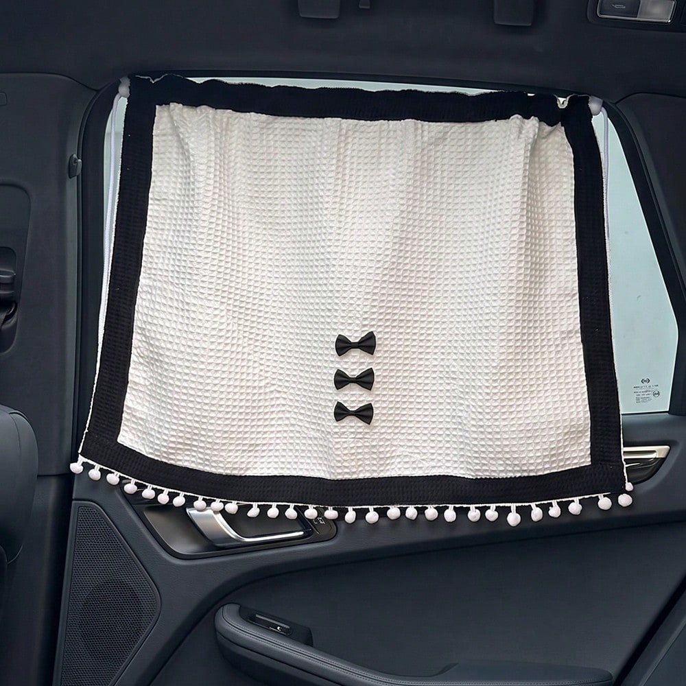 1pc Black And White Bowknot Small Check Waffle Fabric Sunshade Curtain, Car Side Window Sunshade
