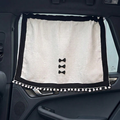 1pc Black And White Bowknot Small Check Waffle Fabric Sunshade Curtain, Car Side Window Sunshade