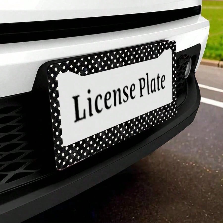 1pc Black And White Polka Dot Pattern License Plate Frame| Aluminum Material, 6*12inch, Includes Screw Set, Retro Creative Car Decoration, Standard American License Plate Size, Universally Applicable