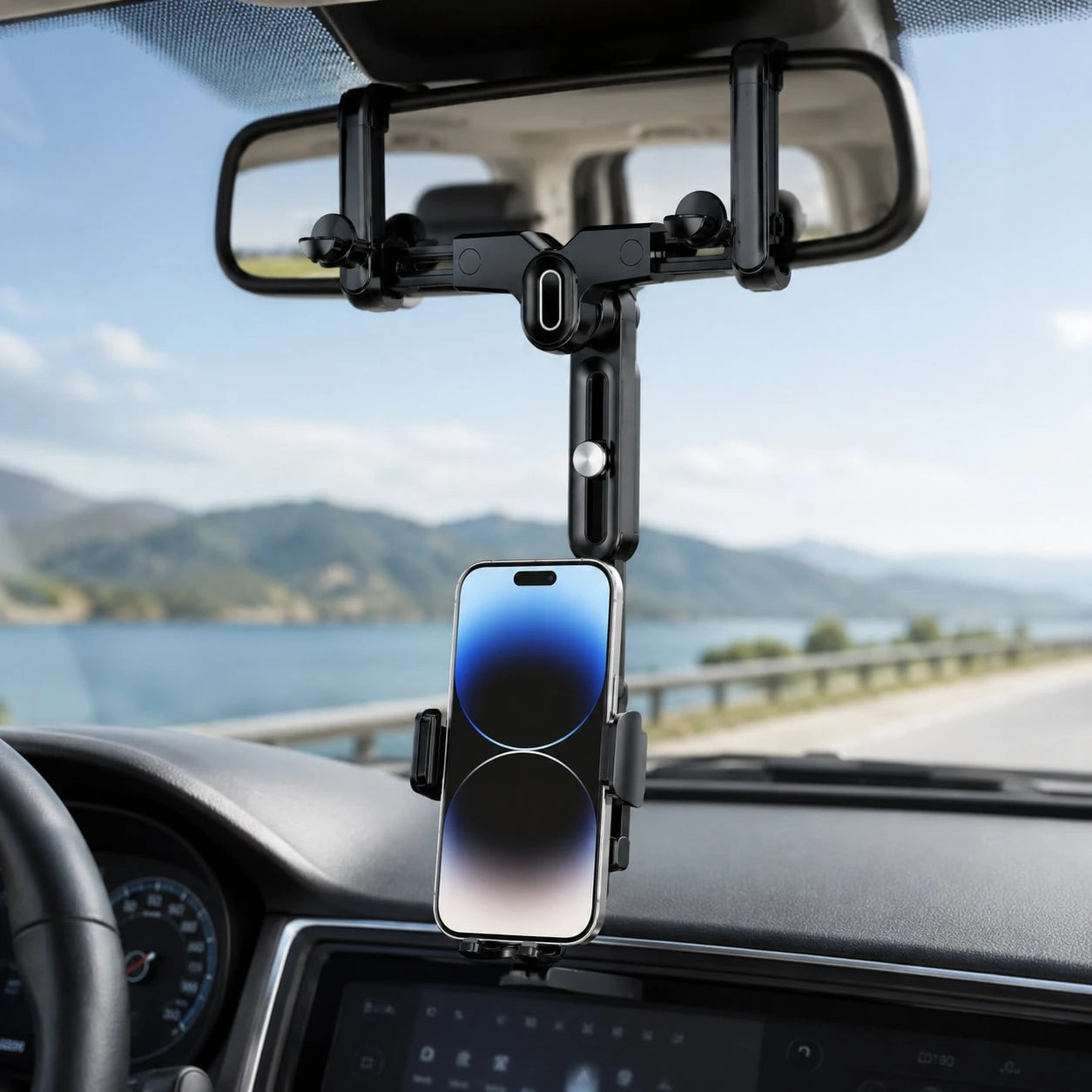 1pc Black Car Phone Holder, Rearview Mirror Mounted Adjustable Stand For Daily Driving Use