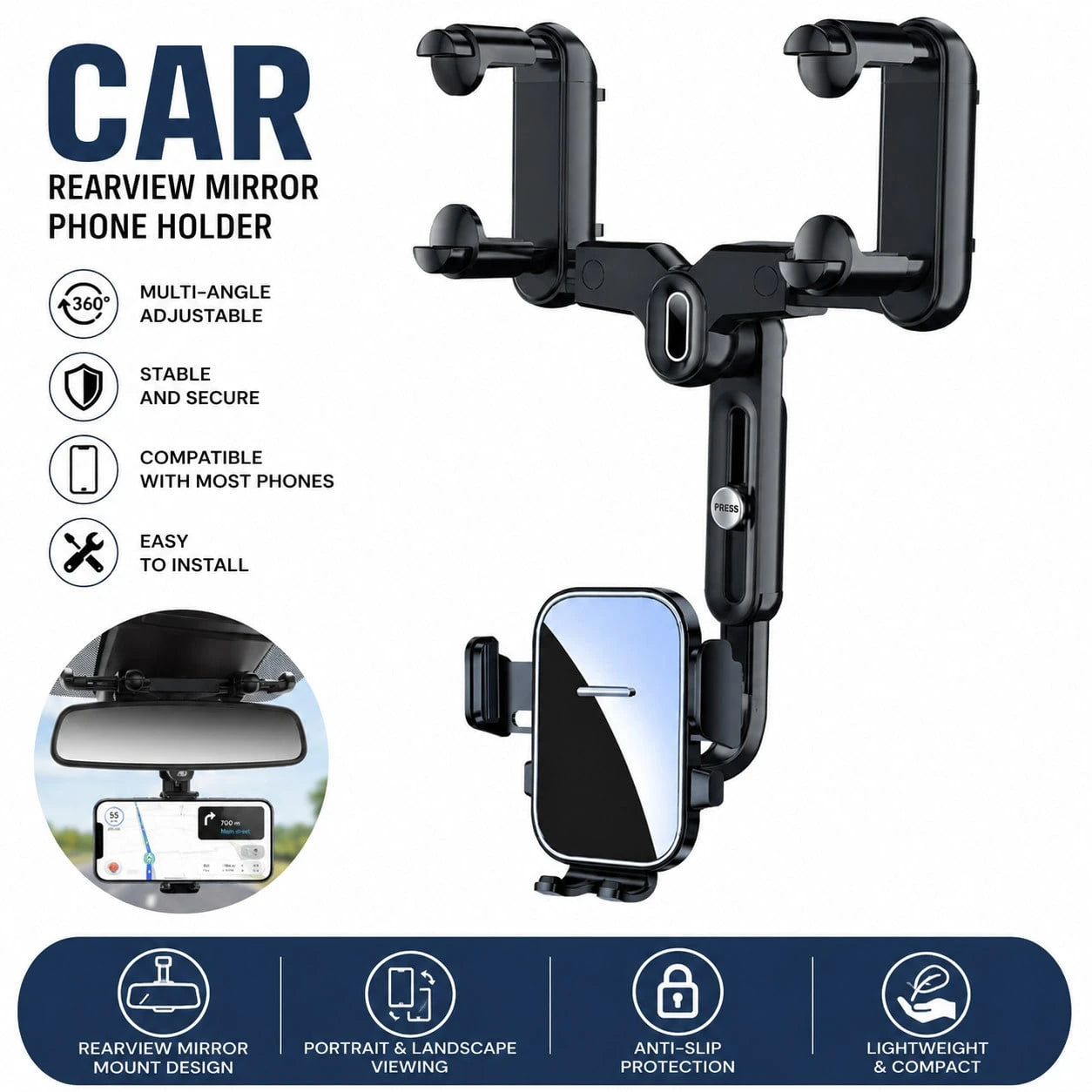 1pc Black Car Phone Holder, Rearview Mirror Mounted Adjustable Stand For Daily Driving Use
