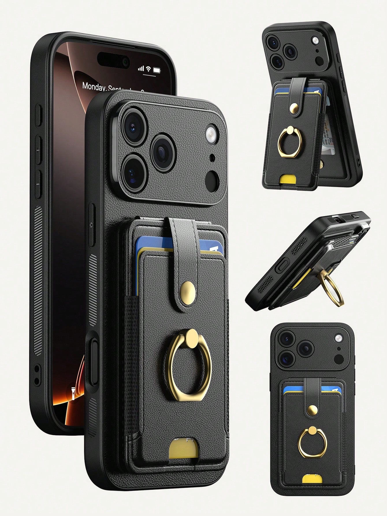 1pc Black Multi-Functional Card Holder Phone Case Compatible With Apple Smartphones, Multi-Slot Wallet Style With Ring 17 Pro Max Phone Case, Fashionable Portable Smartphone Stand Suitable For Summer