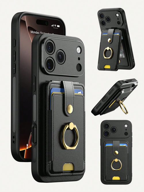 1pc Black Multi-Functional Card Holder Phone Case Compatible With Apple Smartphones, Multi-Slot Wallet Style With Ring 17 Pro Max Phone Case, Fashionable Portable Smartphone Stand Suitable For Summer