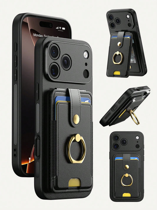 1pc Black Multi-Functional Card Holder Phone Case Compatible With Apple Smartphones, Multi-Slot Wallet Style With Ring 17 Pro Max Phone Case, Fashionable Portable Smartphone Stand Suitable For Summer
