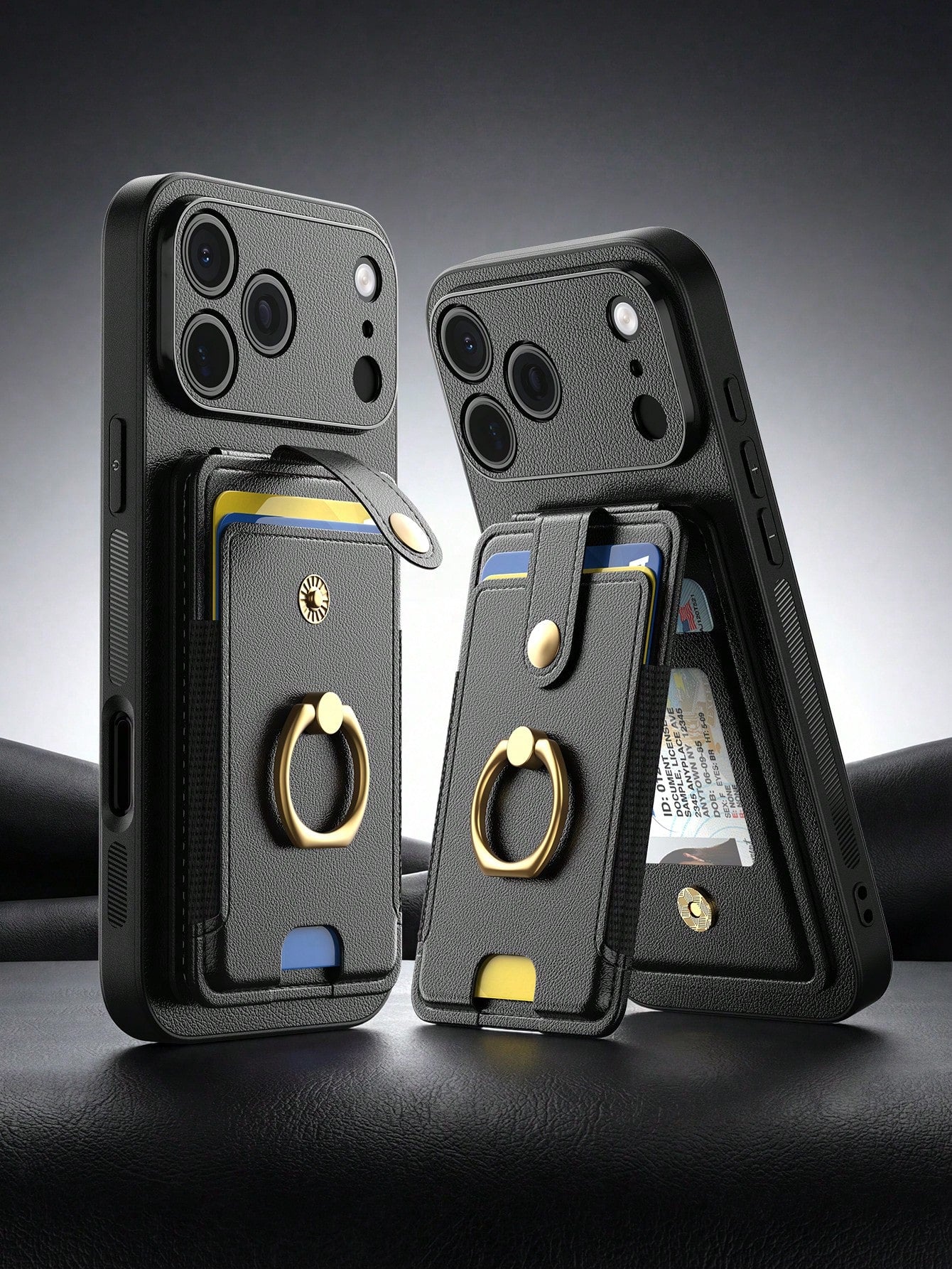 1pc Black Multi-Functional Card Holder Phone Case Compatible With Apple Smartphones, Multi-Slot Wallet Style With Ring 17 Pro Max Phone Case, Fashionable Portable Smartphone Stand Suitable For Summer