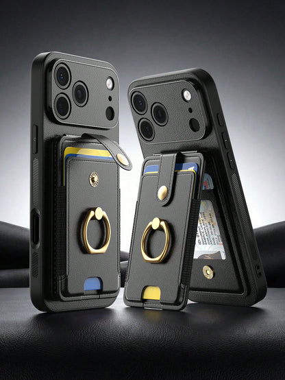 1pc Black Multi-Functional Card Holder Phone Case Compatible With Apple Smartphones, Multi-Slot Wallet Style With Ring 17 Pro Max Phone Case, Fashionable Portable Smartphone Stand Suitable For Summer