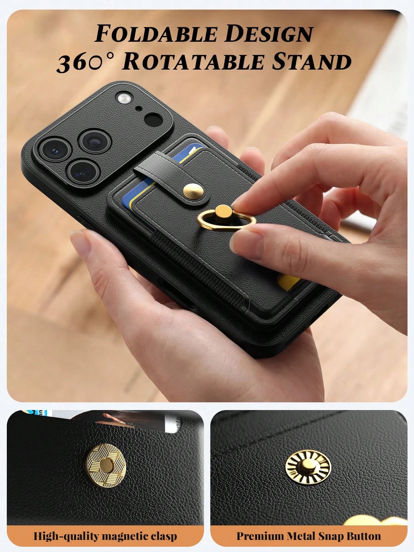 1pc Black Multi-Functional Card Holder Phone Case Compatible With Apple Smartphones, Multi-Slot Wallet Style With Ring 17 Pro Max Phone Case, Fashionable Portable Smartphone Stand Suitable For Summer