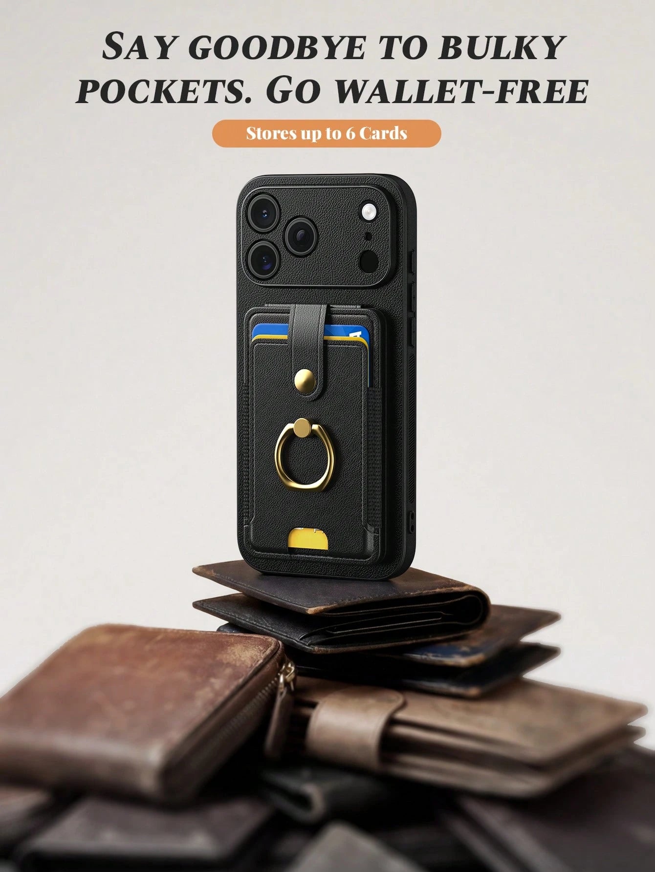 1pc Black Multi-Functional Card Holder Phone Case Compatible With Apple Smartphones, Multi-Slot Wallet Style With Ring 17 Pro Max Phone Case, Fashionable Portable Smartphone Stand Suitable For Summer