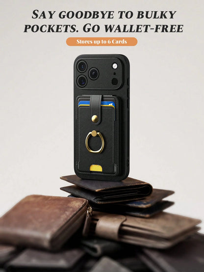 1pc Black Multi-Functional Card Holder Phone Case Compatible With Apple Smartphones, Multi-Slot Wallet Style With Ring 17 Pro Max Phone Case, Fashionable Portable Smartphone Stand Suitable For Summer