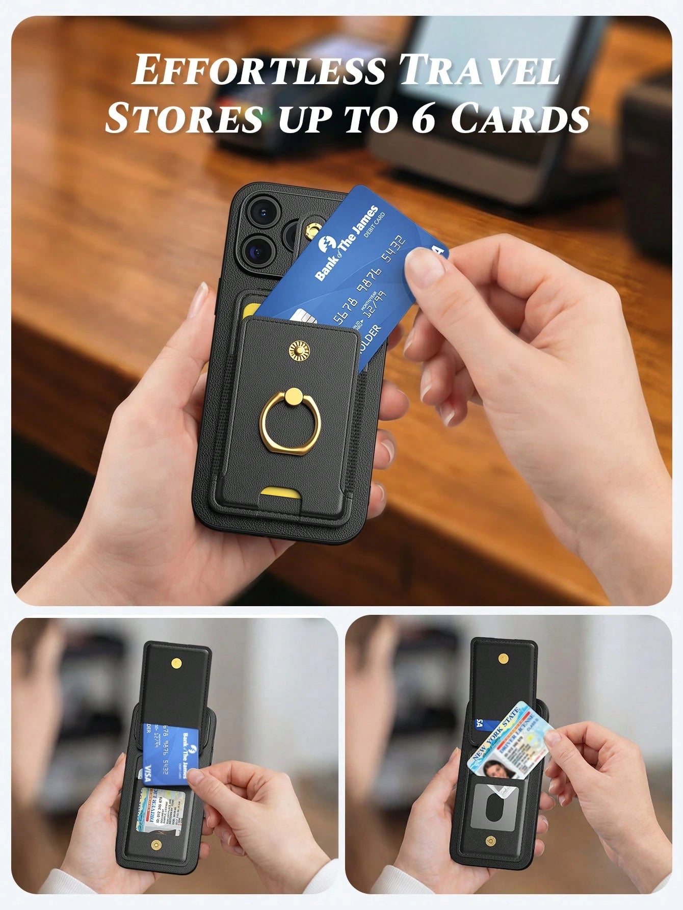 1pc Black Multi-Functional Card Holder Phone Case Compatible With Apple Smartphones, Multi-Slot Wallet Style With Ring 17 Pro Max Phone Case, Fashionable Portable Smartphone Stand Suitable For Summer