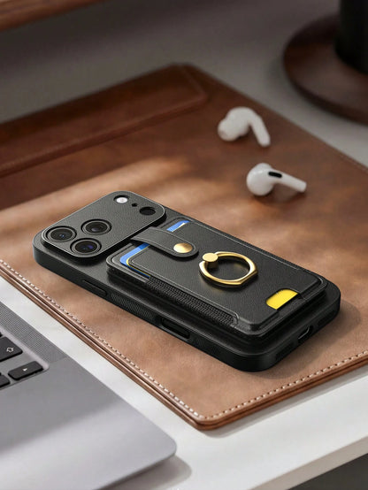 1pc Black Multi-Functional Card Holder Phone Case Compatible With Apple Smartphones, Multi-Slot Wallet Style With Ring 17 Pro Max Phone Case, Fashionable Portable Smartphone Stand Suitable For Summer