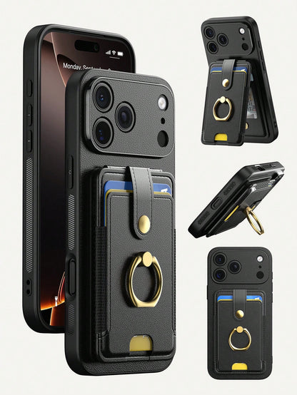 1pc Black Multi-Functional Card Holder Phone Case Compatible With Apple Smartphones, Multi-Slot Wallet Style With Ring 17 Pro Max Phone Case, Fashionable Portable Smartphone Stand Suitable For Summer