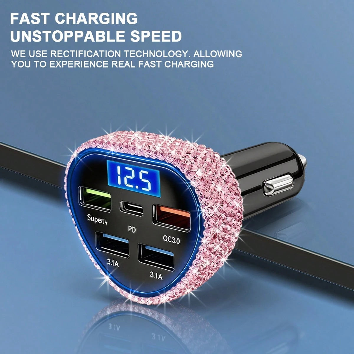 1pc Bling Bling Diamond Car Charger, Heart-Shaped Diamond Car Charger Adapter With Digital Display, Fast Charging, PD+USB, USB A/C Car Phone Charger; Pink, White, Black, Colorful, Red, Blue And Other