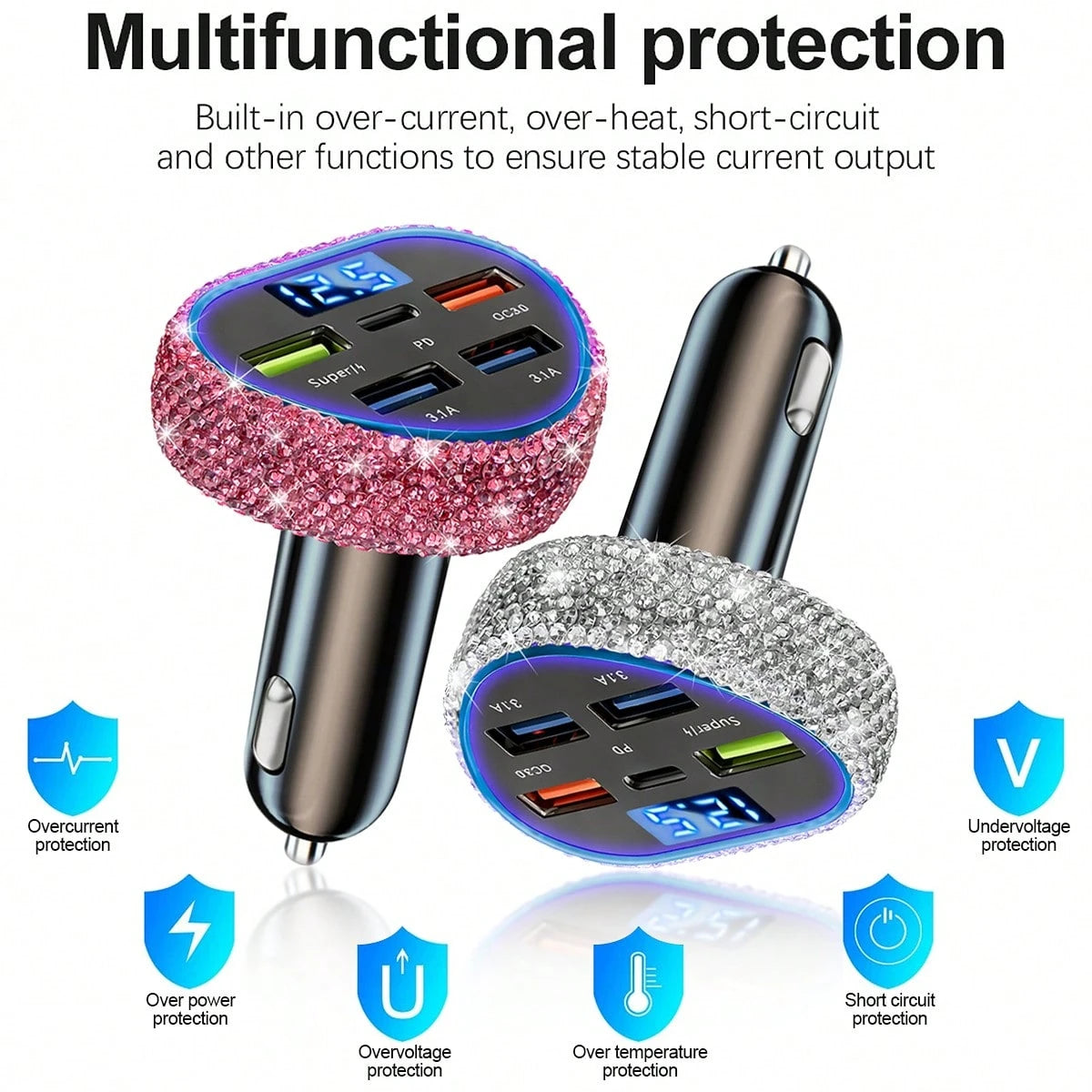 1pc Bling Bling Diamond Car Charger, Heart-Shaped Diamond Car Charger Adapter With Digital Display, Fast Charging, PD+USB, USB A/C Car Phone Charger; Pink, White, Black, Colorful, Red, Blue And Other