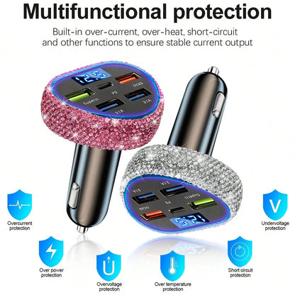 1pc Bling Bling Diamond Car Charger, Heart-Shaped Diamond Car Charger Adapter With Digital Display, Fast Charging, PD+USB, USB A/C Car Phone Charger; Pink, White, Black, Colorful, Red, Blue And Other