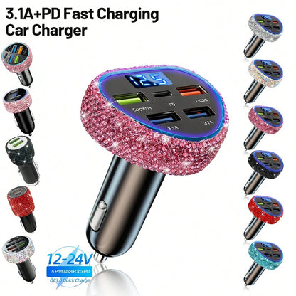 1pc Bling Bling Diamond Car Charger, Heart-Shaped Diamond Car Charger Adapter With Digital Display, Fast Charging, PD+USB, USB A/C Car Phone Charger; Pink, White, Black, Colorful, Red, Blue And Other