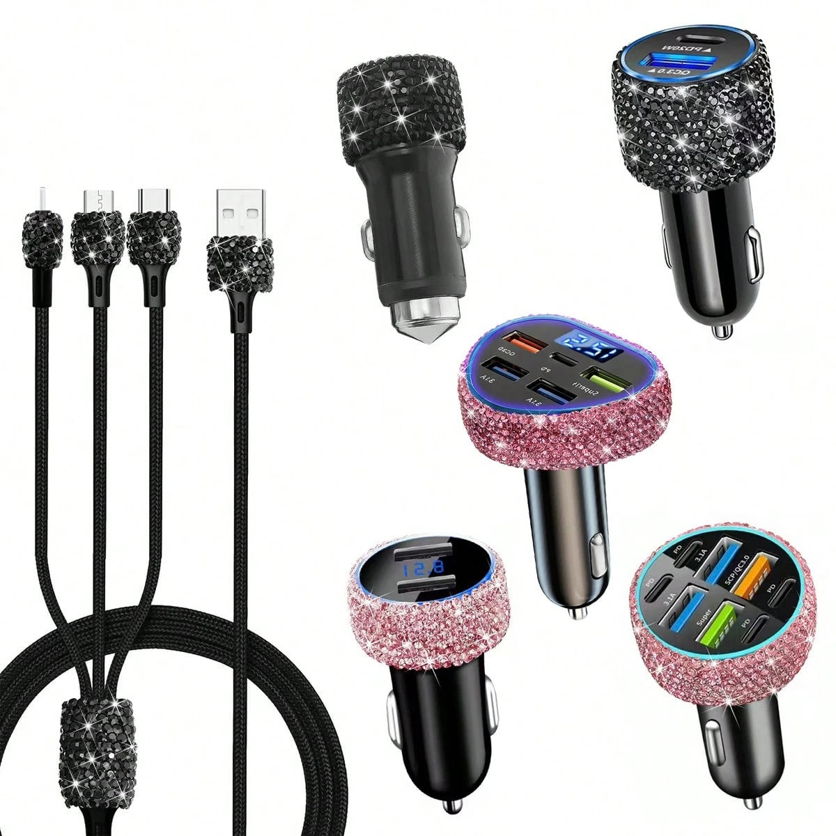 1pc Bling Bling Diamond Car Charger, Heart-Shaped Diamond Car Charger Adapter With Digital Display, Fast Charging, PD+USB, USB A/C Car Phone Charger; Pink, White, Black, Colorful, Red, Blue And Other