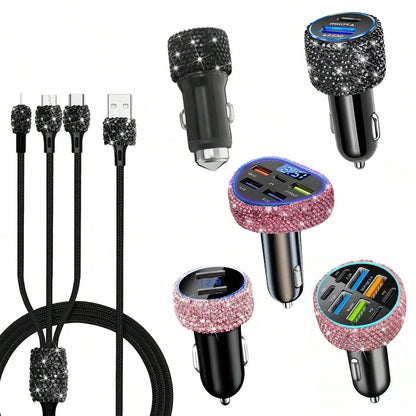 1pc Bling Bling Diamond Car Charger, Heart-Shaped Diamond Car Charger Adapter With Digital Display, Fast Charging, PD+USB, USB A/C Car Phone Charger; Pink, White, Black, Colorful, Red, Blue And Other