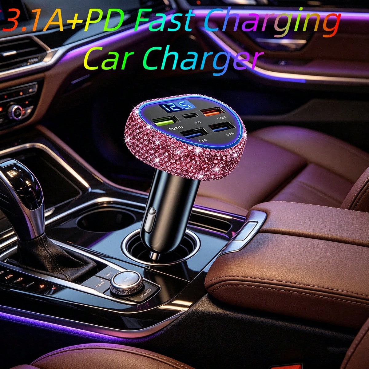 1pc Bling Bling Diamond Car Charger, Heart-Shaped Diamond Car Charger Adapter With Digital Display, Fast Charging, PD+USB, USB A/C Car Phone Charger; Pink, White, Black, Colorful, Red, Blue And Other