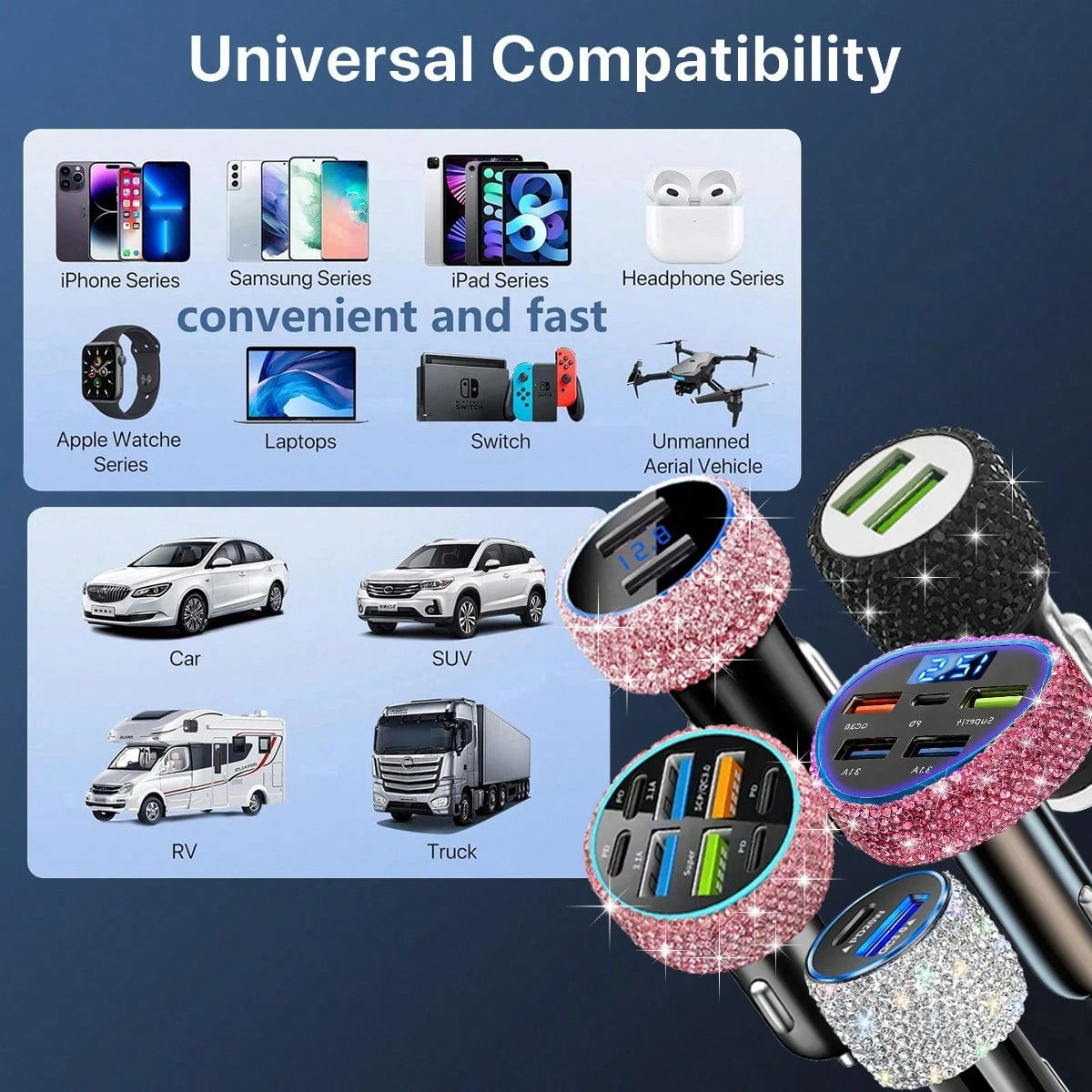 1pc Bling Bling Diamond Car Charger, Heart-Shaped Diamond Car Charger Adapter With Digital Display, Fast Charging, PD+USB, USB A/C Car Phone Charger; Pink, White, Black, Colorful, Red, Blue And Other
