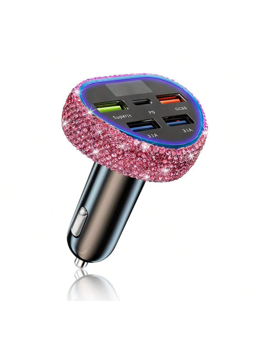 1pc Bling Bling Rhinestone Studded Car Charger, Fast Charging, USB A/C Car Phone Charger, Heart-Shaped LED Display Rhinestone Car Charger Adapter, Fast Charging, Supports Phones, Dashcams, GPS Etc., H