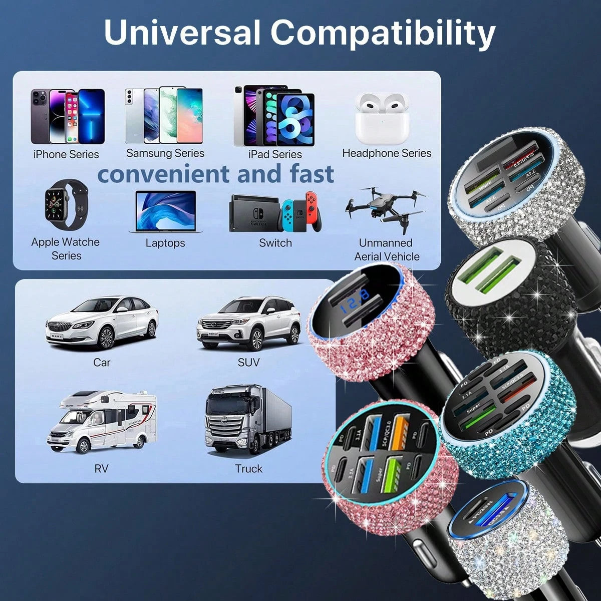 1pc Bling Bling Rhinestone Studded Car Charger, Fast Charging, USB A/C Car Phone Charger, Heart-Shaped LED Display Rhinestone Car Charger Adapter, Fast Charging, Supports Phones, Dashcams, GPS Etc., H