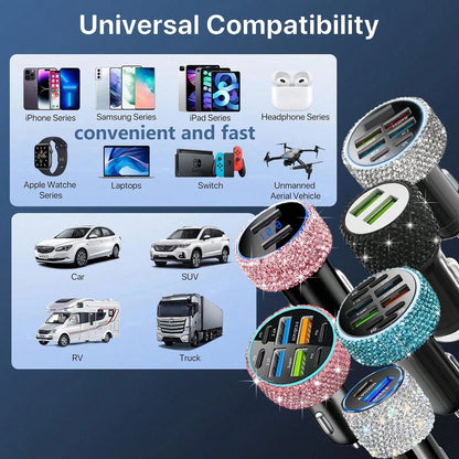 1pc Bling Bling Rhinestone Studded Car Charger, Fast Charging, USB A/C Car Phone Charger, Heart-Shaped LED Display Rhinestone Car Charger Adapter, Fast Charging, Supports Phones, Dashcams, GPS Etc., H