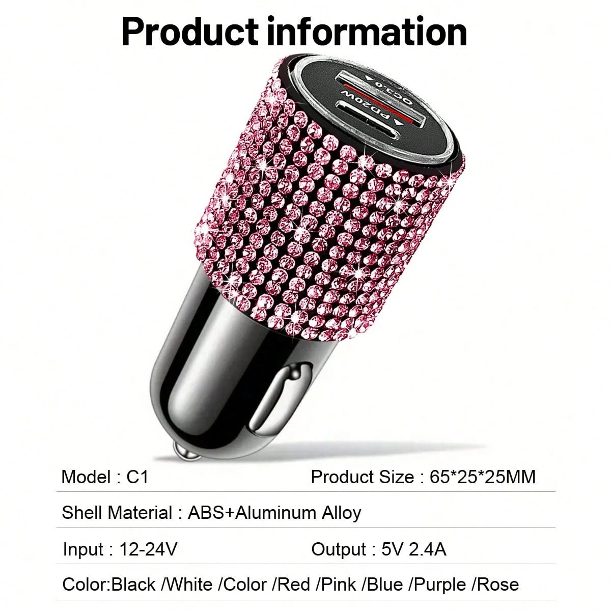 1pc Bling Bling Rhinestone Studded Car Charger, Fast Charging, USB A/C Car Phone Charger, Heart-Shaped LED Display Rhinestone Car Charger Adapter, Fast Charging, Supports Phones, Dashcams, GPS Etc., H
