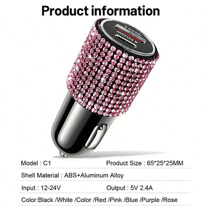 1pc Bling Bling Rhinestone Studded Car Charger, Fast Charging, USB A/C Car Phone Charger, Heart-Shaped LED Display Rhinestone Car Charger Adapter, Fast Charging, Supports Phones, Dashcams, GPS Etc., H