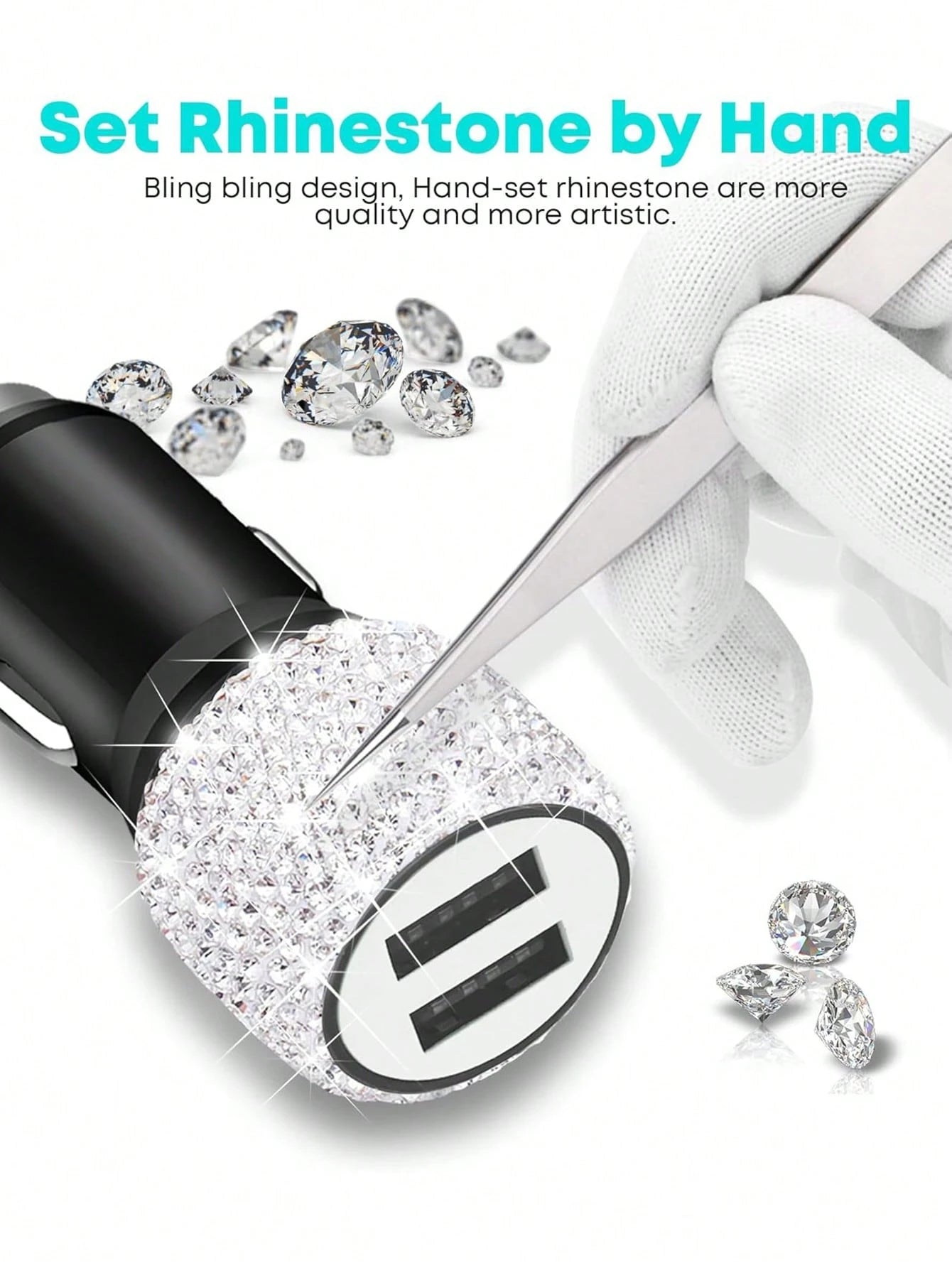 1pc Bling Bling Rhinestone Studded Car Charger, Fast Charging, USB A/C Car Phone Charger, Heart-Shaped LED Display Rhinestone Car Charger Adapter, Fast Charging, Supports Phones, Dashcams, GPS Etc., H