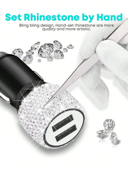 1pc Bling Bling Rhinestone Studded Car Charger, Fast Charging, USB A/C Car Phone Charger, Heart-Shaped LED Display Rhinestone Car Charger Adapter, Fast Charging, Supports Phones, Dashcams, GPS Etc., H